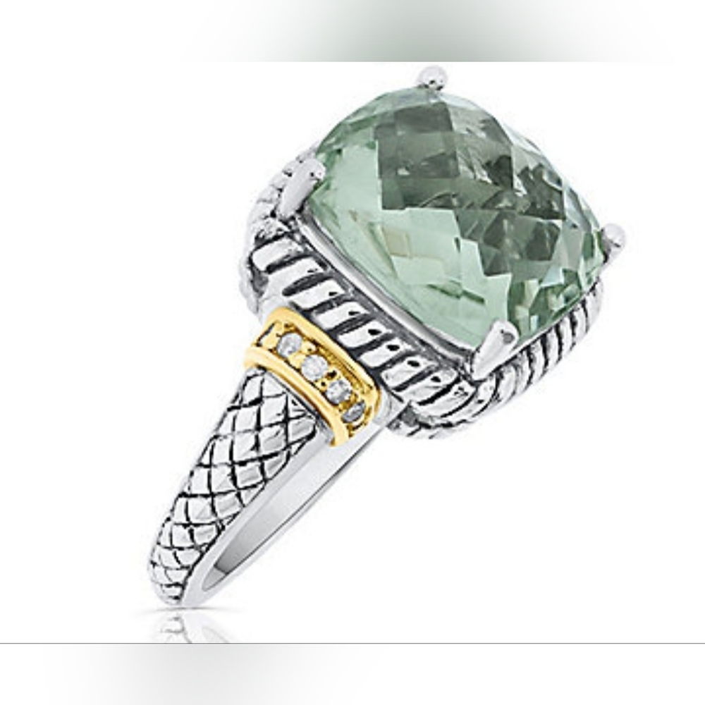 VTG 925 Sterling Silver & 24K Gold Faceted Prasiolite & Diamond Ring Size 8.5